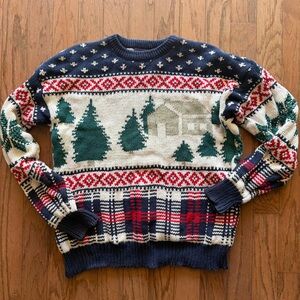 liberty vintage USA Men's Navy, Green & Red Holiday Crewneck Sweater cabin plaid